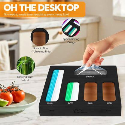 9 in 1 Foil and Plastic Wrap Dispenser with Cutter, Black Bamboo Ziplock Bag Organizer for Drawer - Holds Gallon, Quart Bags & Aluminum Foil/Wax Paper, Wall Mountable Kitchen Storage