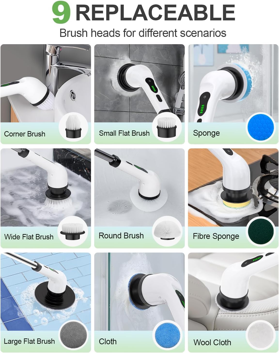 Cordless Electric Spin Scrubber, 8-in-1 Bathroom Cleaner | Bathroom scrubber, LED display, dual speeds, IPX7 waterproof, interchangeable heads for grout, tub, shower, wet-dry vacuum