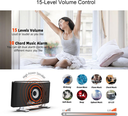 Electronic Vibration Alarm Clock with Super Loud Bed Shaker Memory Function Adjustable Brightness Volume 10 Songs Dual Alarm for Heavy Sleepers Bedroom Desk