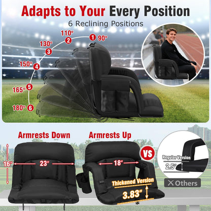 Suteck Heated Stadium Seats with Back Support 2 Pack, 23" Wide Sofa Style | Dual-Zone USB Heat, 6 Recliner, 3.83" Soft Cushion, 600D Waterproof, Hook Straps, Storage Pockets & Cup Holder, Half Fold