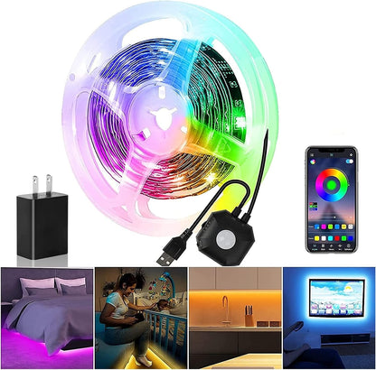 Under Bed Lights 2 Set*9.84ft Motion Activated RGB LED Strip Light, App Control/Variety Color/Dimmable/Dynamic Music Sync/5V USB, Motion Sensor LED Strip Light for Bed Cabinet Staircase Bedroom