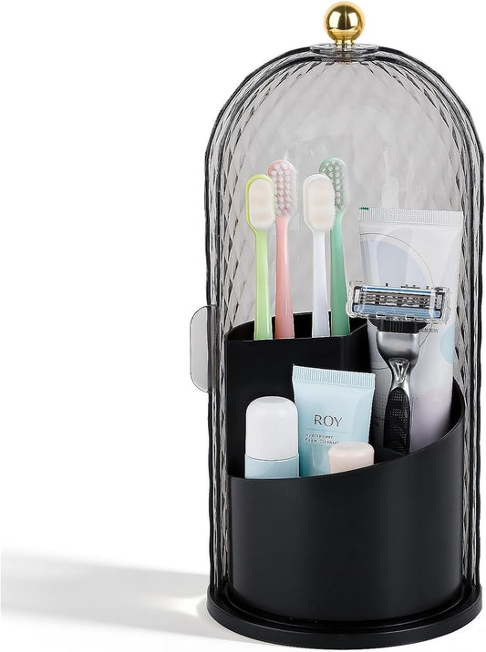 Toothbrush Holder with Cover for Bathroom Countertop, Organizer, White | Rotating 3 Slot Holder for Electric Toothbrushes, Toothpaste, Self Draining Vanity Organizer, Makeup Brush Storage