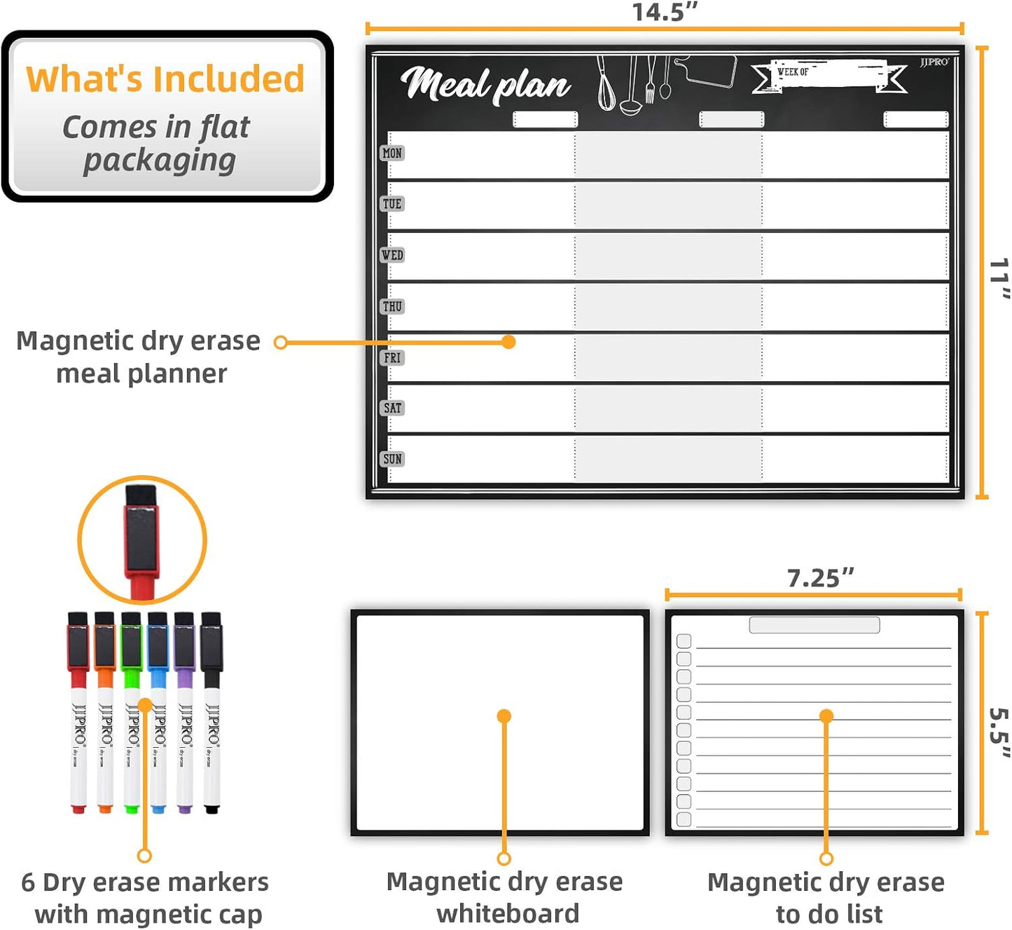 JJPRO Magnetic Dry Erase Meal Planning Whiteboard for Refrigerator-One 14.5x11 Weekly Menu Board and Two Notes Whiteboard for Kitchen Fridge-Refrigerator Organizer with Meal Planner Boards