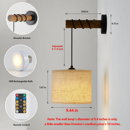 XSDeTu Battery Operated Wall Sconce with Remote, Rechargeable Battery Powered Wall Light, 3 Colors Dimmable Wall Mounted Lights, Adjustable Lamp for Bedroom Bedside, Wooden Arm, Fabric Shade, 2 Pcs