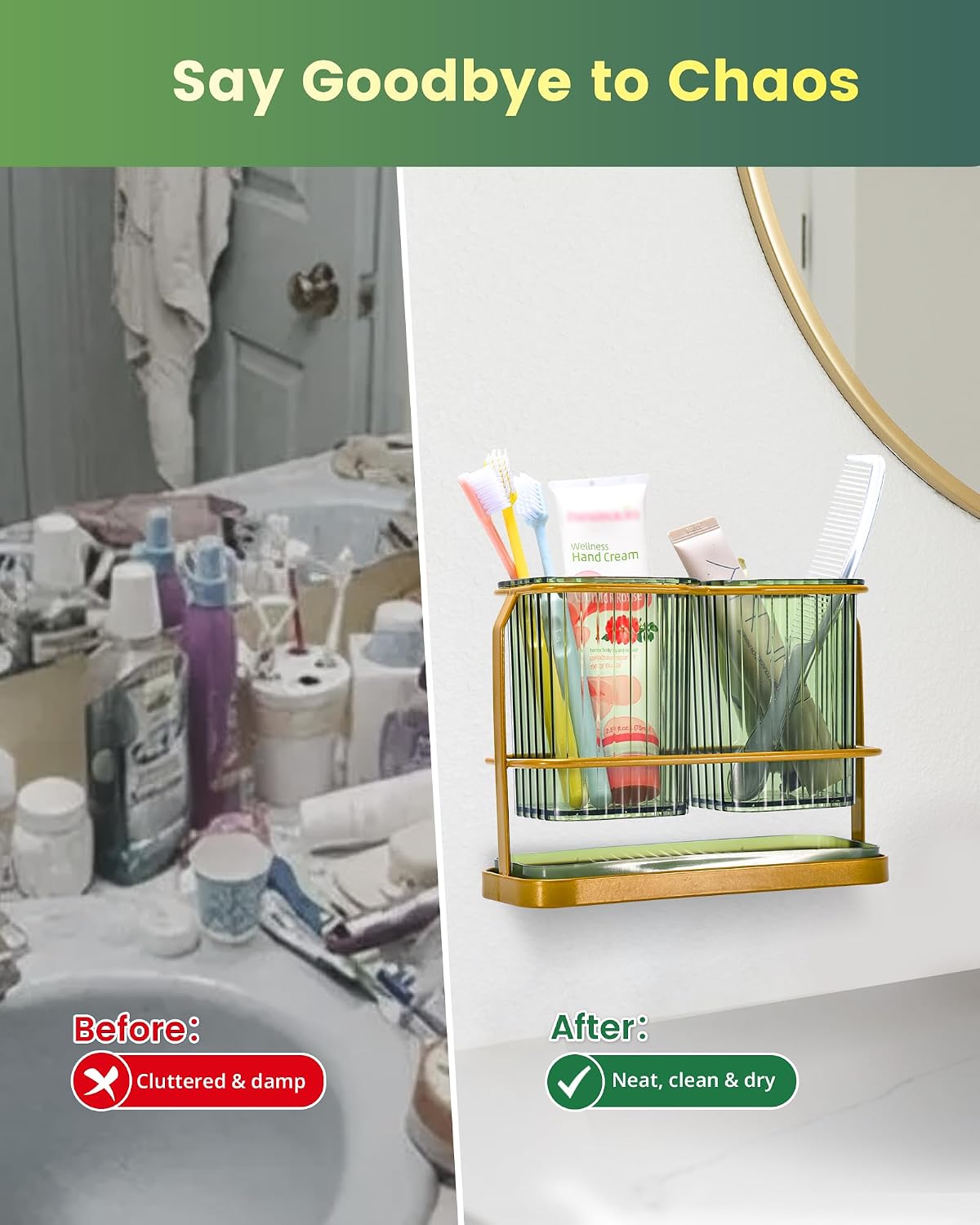 Clear Toothbrush Holders for Bathroom, 2 Cups Wall Mounted, Dry & Wet Separation, Organizers and Storage Set for Family Kids