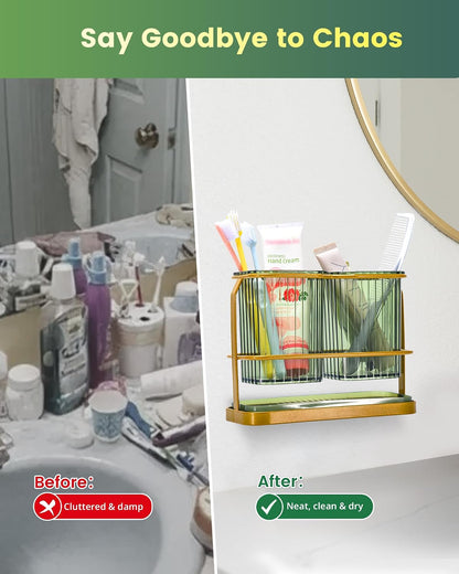 Clear Toothbrush Holders for Bathroom, 2 Cups Wall Mounted, Dry & Wet Separation, Organizers and Storage Set for Family Kids