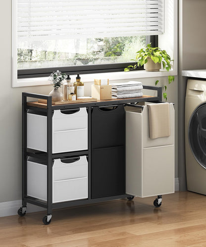 HOOBRO Laundry Sorter with 4 Section, 39 Gal. (147 L) Laundry Hamper with Wheels, Rolling Laundry Basket with Shelf, Pull-Out Detachable Bags, Side Pockets, Rustic Brown, Black and Beige BFE14XY01N1