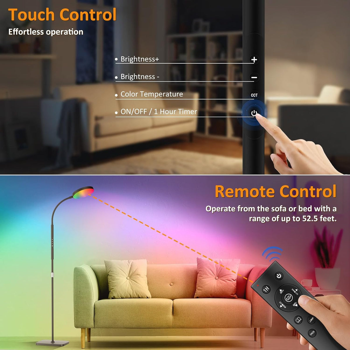 PACOVY Floor Lamp, Adjustable Height Floor Lamps for Living Room Bedroom, 120 LED Super Bright Standing Lamp Remote & Touch Control Dimmable Gooseneck Tall Stand Reading Lamp for Office Craft, Black