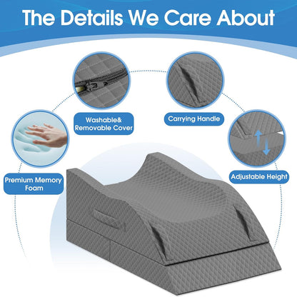 TranquilRelax Leg Elevation Pillows for After Surgery, Wedge Pillow, Grey | Memory Foam, All-around Knee & Ankle Support for Swelling, Height-adjustable, Nop-Slip Bottom, Washable Cover, Single-leg