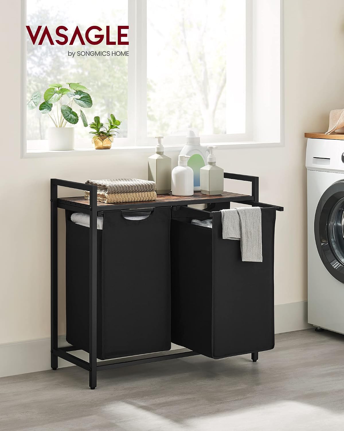 VASAGLE Laundry Hamper, Laundry Basket Sorter with 3 Pull-Out and Removable Bags, Shelf, Metal Frame, 3 x 10.6 Gallons (40 L), 36.4 x 13 x 28.4 Inches, Cappuccino Beige and Natural Beige UBLH301LH01