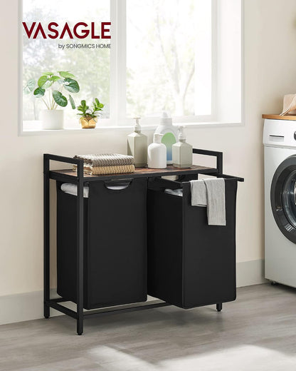 VASAGLE Laundry Hamper, Laundry Basket Sorter with 3 Pull-Out and Removable Bags, Shelf, Metal Frame, 3 x 10.6 Gallons (40 L), 36.4 x 13 x 28.4 Inches, Cappuccino Beige and Natural Beige UBLH301LH01