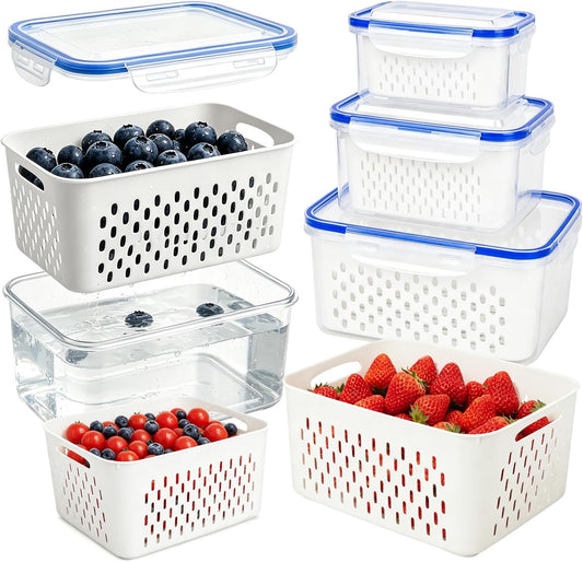 Fruit Containers 3Pcs – 4-in-1 with Removable Colanders & Lids, Fridge Fresh Storage, Dishwasher Safe