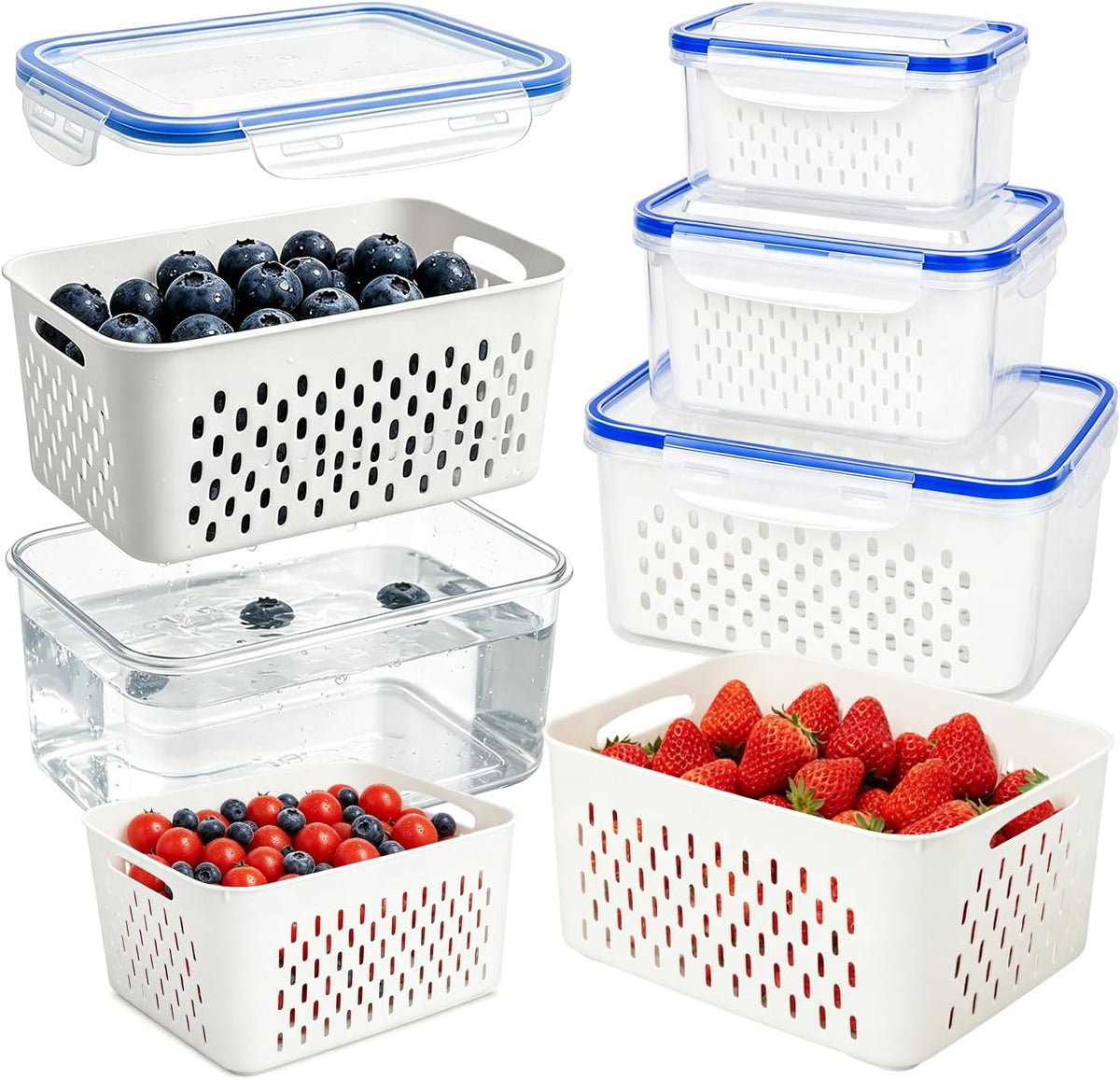 Fruit Containers 3Pcs with Removable Colanders & Lids, Fridge Fresh Storage