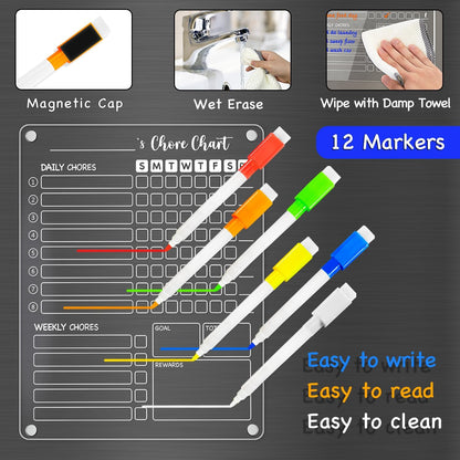 PigPotParty Acrylic Magnetic Chore Chart for Kids, 12x9.5 Inch, 2 Pack | Sleek Clear Acrylic Design, Reward System Builds Habits, Built-In Magnets Require No Installation, 8 Wet-Erase Markers