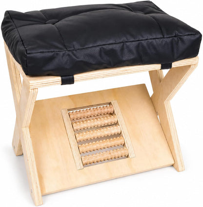 Double Step Footrest, Adjustable Wooden Foot Stool Under Desk with Massage Roller Footboard and Cushioned Top, Under Desk Footrest for Home Office