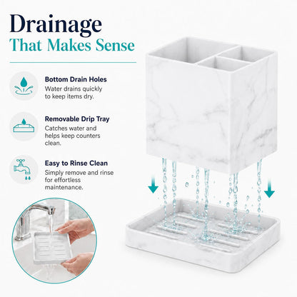 Silicone Toothbrush Holders for Bathrooms with Drainage Tray, White Marble | 3 Slots Unbreakable Countertop Electric Tooth Brush and Toothpaste Holder Organizer Stand, Marble Bathroom Accessories Decor
