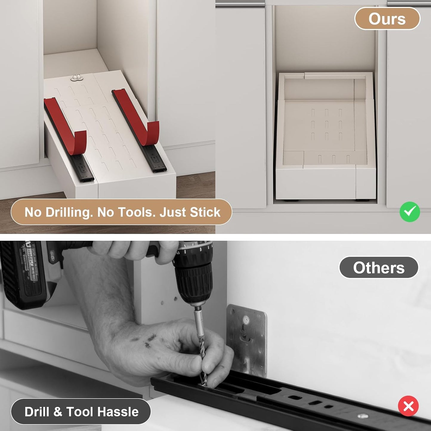 Fokyfok Pull out Cabinet Organizer,11"-16"W,17"-24"D,Expandable,Adhesive | No Drill,3 Rails,Roll out Drawers,Adjustable Slide out Shelves for Kitchen,Pantry,Framed and Framless Cabinets,White,1PC