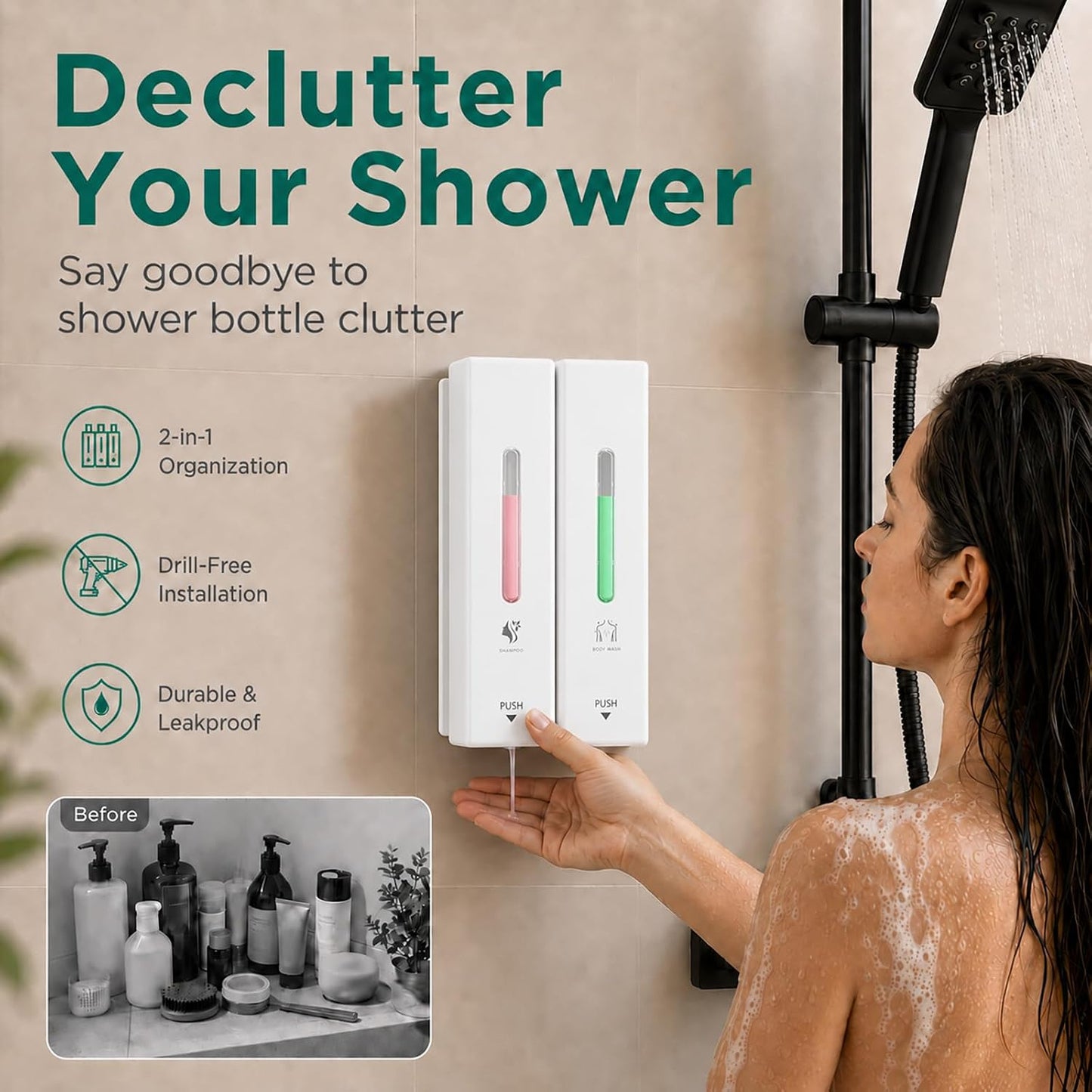 Shampoo and Conditioner Dispenser Wall Mounted, 3-Chamber Shower Soap Dispenser for Bathroom, 1200ML Large Capacity, No-Drill Installation, Clog-Free Pump for Thick Liquids (black-3-pack)
