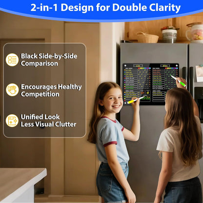 PigPotParty 2-in-1 Acrylic Magnetic Chore Chart for 2 Kids, Large 16x12 in | Clear Dry Erase Fridge Chore Board for Teens, Roommates; Vibrant Layout; Embedded Magnets; 12 Wet-Erase Markers and Towel