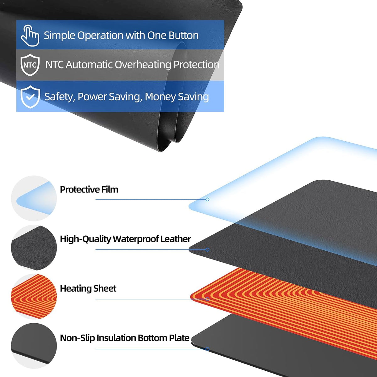 Heated Desk Pad Mouse Pad - Heated Desk Mat - Warm Desk Pad - 3 Levels Heating & 4 Hours Auto Shut-Off, PU Leather Mouse Pad - 31.5 x 13 inch(Dull Black)