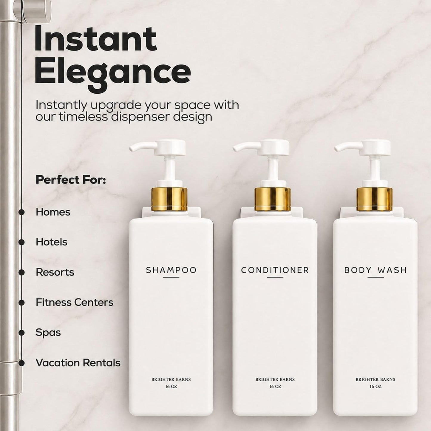 Clear Shampoo and Conditioner Dispenser Set Wall Mounted by Brighter Barns - Refillable Shower Soap Dispensers 3 Chamber No Drill - Plastic Shampoo, Body Wash and Conditioner Bottle for Hotels (Clear)