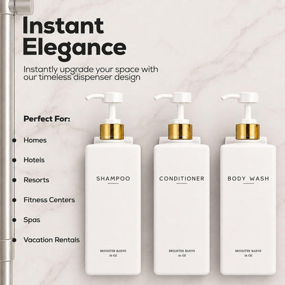 Clear Shampoo and Conditioner Dispenser Set Wall Mounted by Brighter Barns - Refillable Shower Soap Dispensers 3 Chamber No Drill - Plastic Shampoo, Body Wash and Conditioner Bottle for Hotels (Clear)