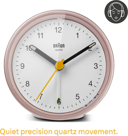 Braun Classic Analogue Alarm Clock with Snooze and Light, Quiet Quartz Movement, Crescendo Beep Alarm in White, Model BC12W.