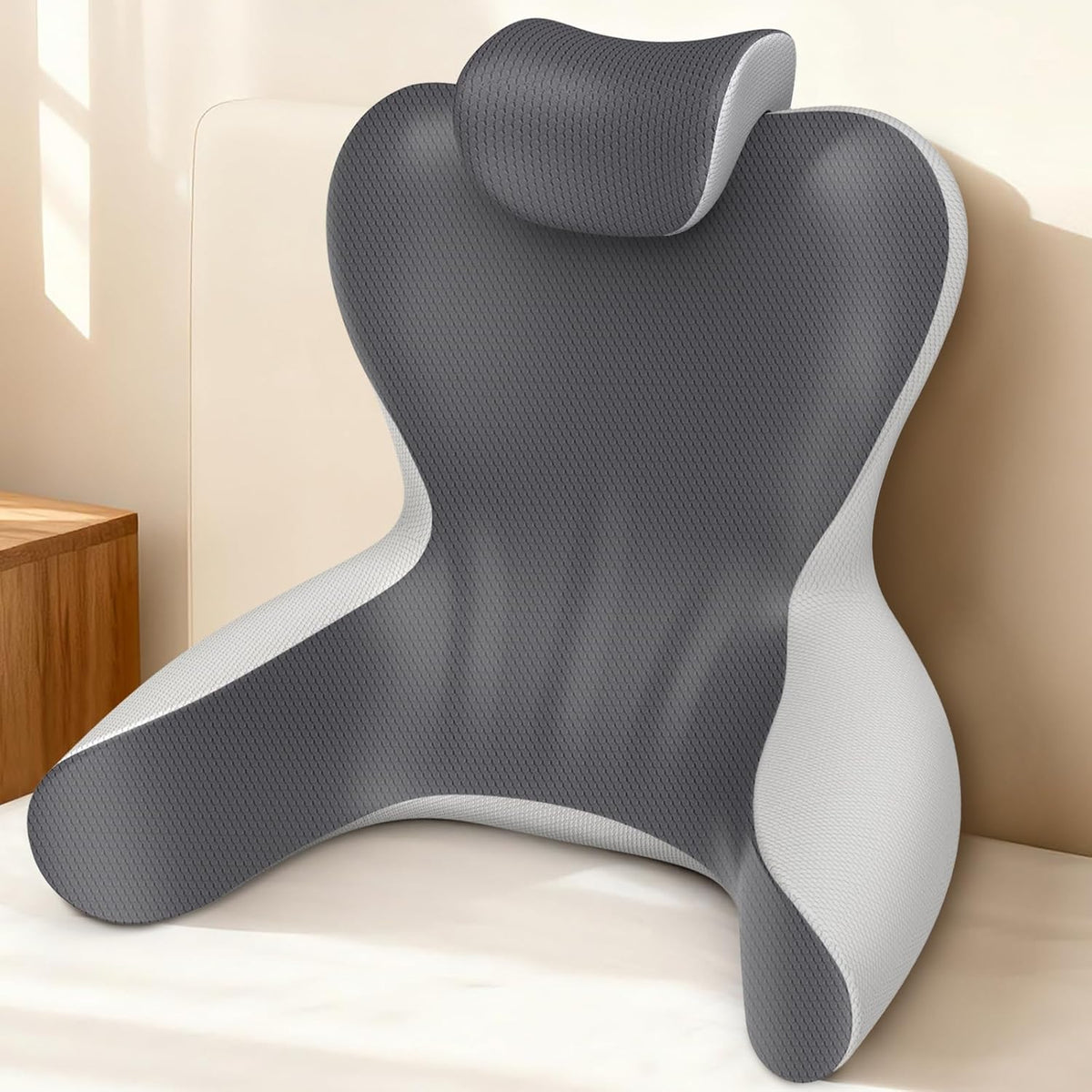 22" XL Reading Pillow Sitting in Bed,Back Support & Armrests(Grey & Blue)