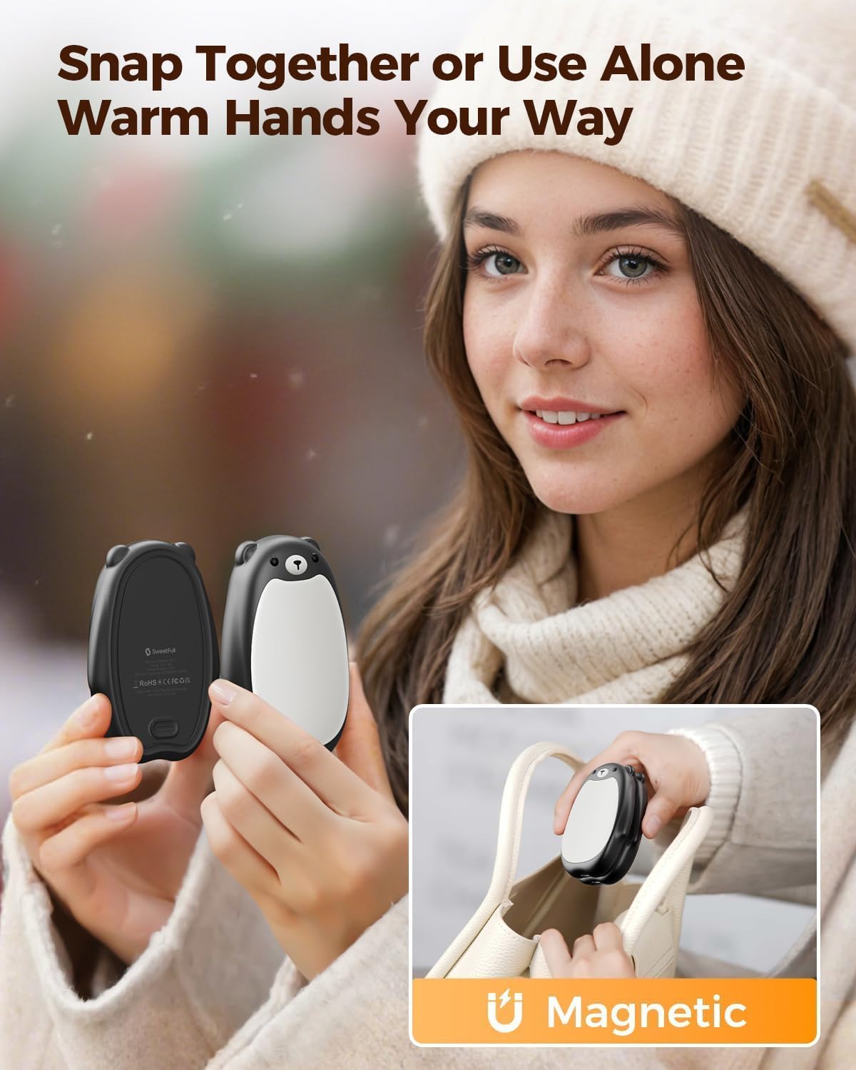 SWEETFULL Hand Warmers Rechargeable, 2-in-1 Magnetic Bear Electric | Cute Bear; Snap Together/Split Use; 3 Heat Levels; UL Safe; Reusable Portable Pocket Warmer for Kids & Wife, Camping & Gifts
