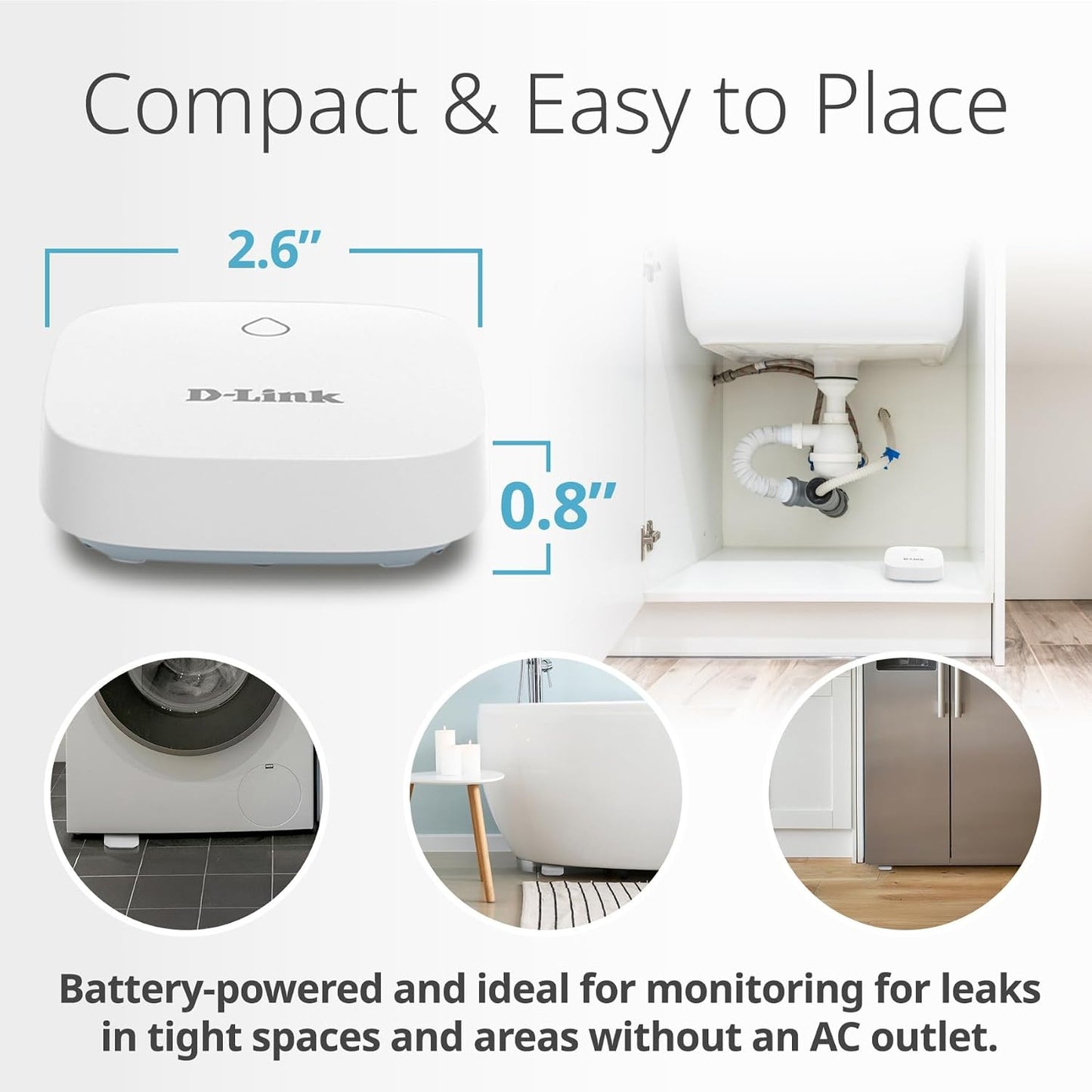 D-Link Next-Gen WiFi Water Leak Detector Starter Kit with 2 sensors—Loud 100 dB Sound Alarm—App Alert—LED Strobe Light—No Hub Required—Works with Google—1000ft Ultra-Long Range—Expandable (SW-A11KT)