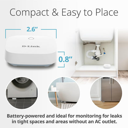 D-Link Next-Gen WiFi Water Leak Detector Starter Kit with 2 sensors—Loud 100 dB Sound Alarm—App Alert—LED Strobe Light—No Hub Required—Works with Google—1000ft Ultra-Long Range—Expandable (SW-A11KT)