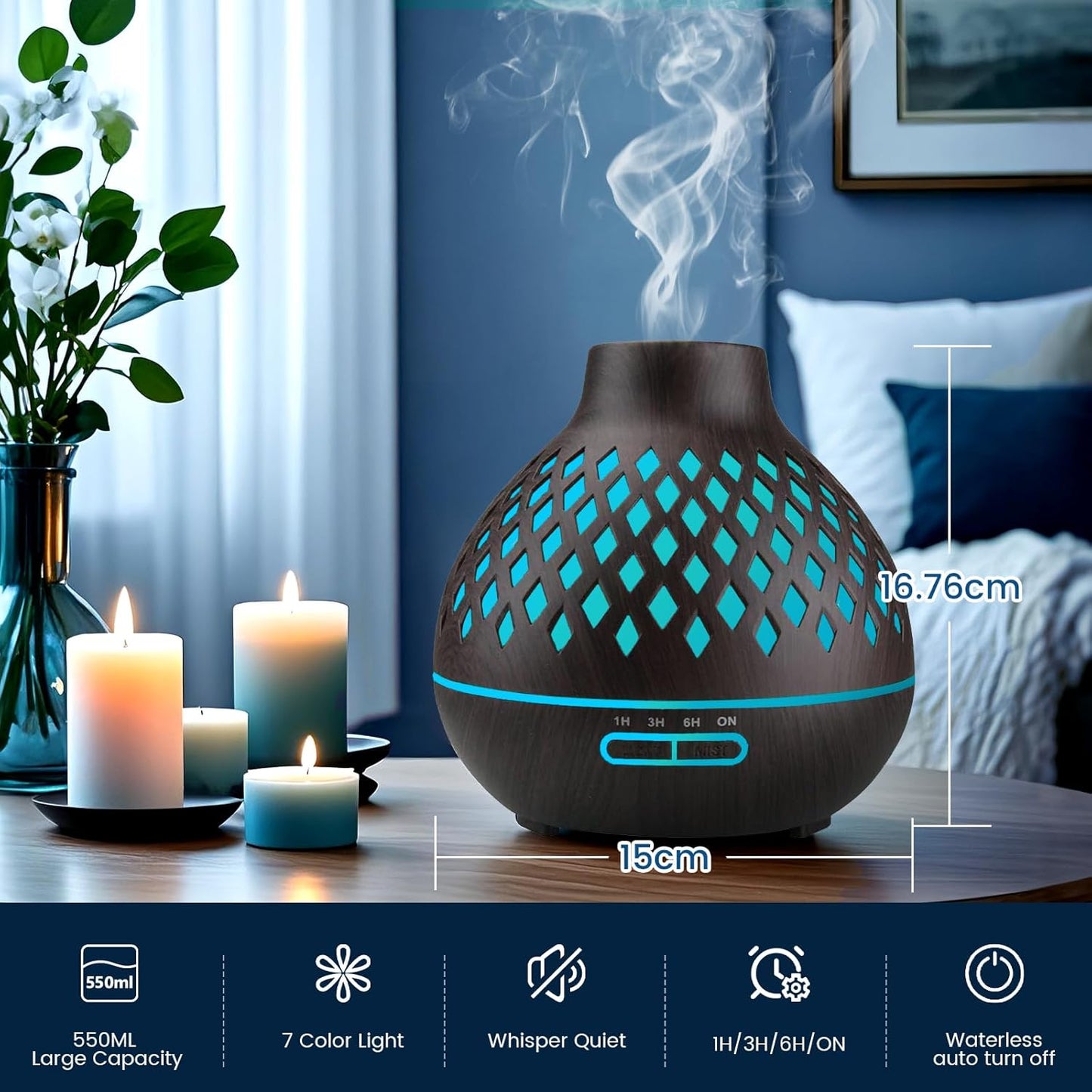 Aeshory Aromatherapy Diffuser & 12 Essential Oils Set, 550ML Aromatherapy Diffuser for Home, Ultrasonic Cool Mist Humidifier with Remote Control 4 Timer 7 Color LED Light, Waterless Auto Off, Dark