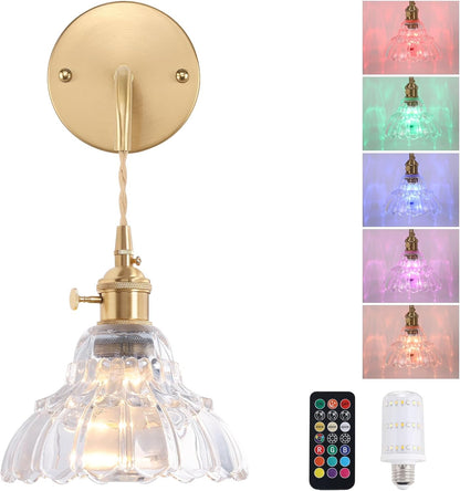 Shenmoyl Battery Operated Wall Sconce Wall Lamp with Green Lily of the Valley Shade Pattern Glass Adjustable Chain Retro Gold Wall Mounted Light, Modern Wall Lamp Fixtures Decor for Bedside Bedroom