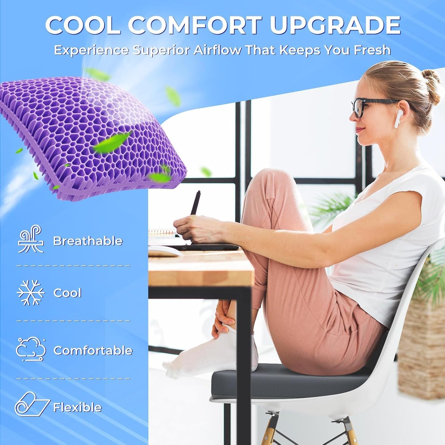 TushGuard Gel Seat Cushion for Long Sitting, Breathable Thick Patent Design | Enlarged Cooling Chair Pad for Office, Wheelchair, Soft Car Cushion for Back, Hip, Sciatica (Standard, Black+Violet)