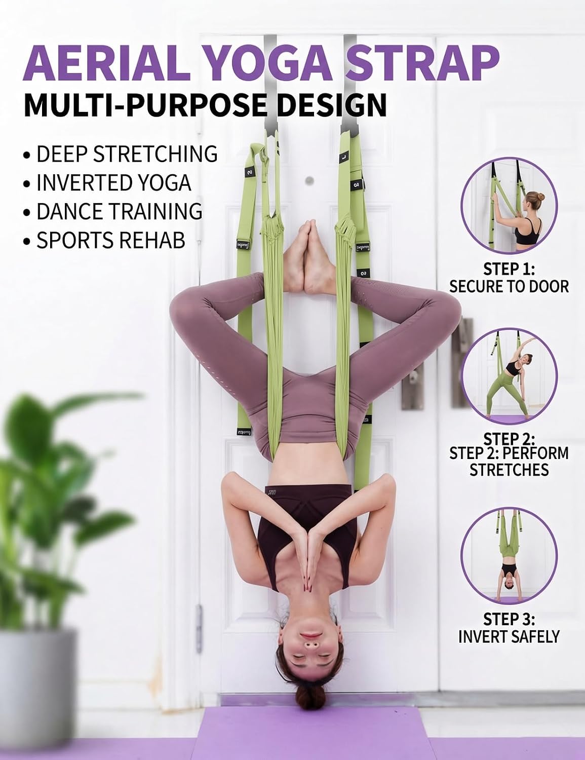 Door Aerial Hammock Swing - No Drilling Over Door Yoga Stretch Straps for Stretching, Inversion Pilates Kit, Anti-Gravity Home Workout - Pink/Purple