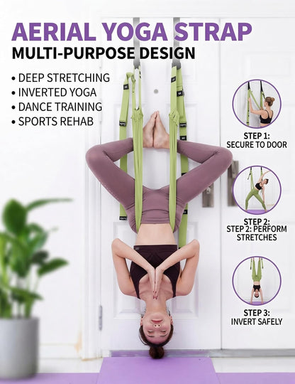 Door Aerial Hammock Swing - No Drilling Over Door Yoga Stretch Straps for Stretching, Inversion Pilates Kit, Anti-Gravity Home Workout - Pink/Purple