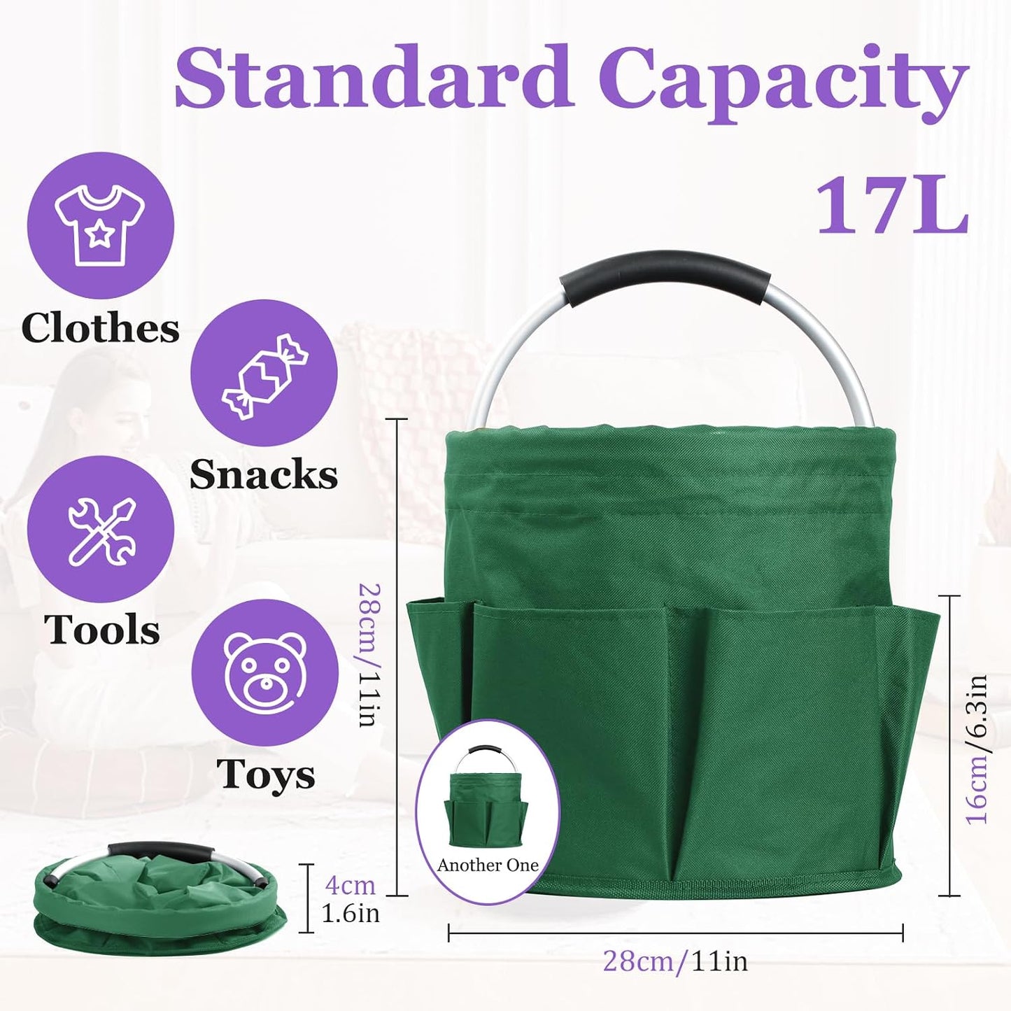 17L Cleaning Caddy with Handle and 6 Pockets, Foldable Cleaning Supply Caddy, Portable Shower Caddy in 600D Oxford Fabric, Multifunctional Storage Basket for Camping, Gardening, Black