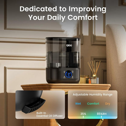 QIDO Top Fill Humidifiers for Bedroom, 5 L Cool Mist 36H Super Long Time, Quiet 28dB Essential Oil Diffuser for Baby & Plants, 3 Adjustable Mist with Touch/APP/7-color Nightlight, Auto Shut-off, White