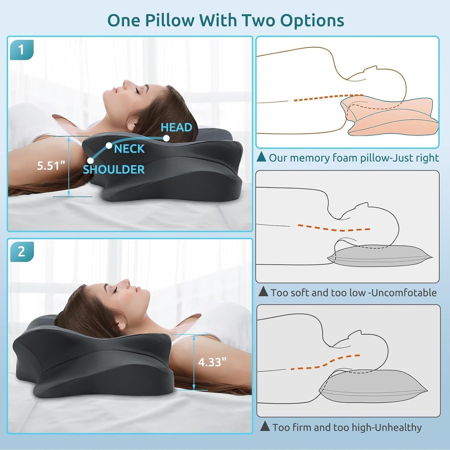 DONAMA Contour Cervical Neck Pillow for Neck Pain Relief | Queen,Ergonomic Dual-Height,Odorless Memory Foam,Side/Back/Stomach Sleepers,Cooling Hypoallergenic Cover,OEKO-TEX Certified