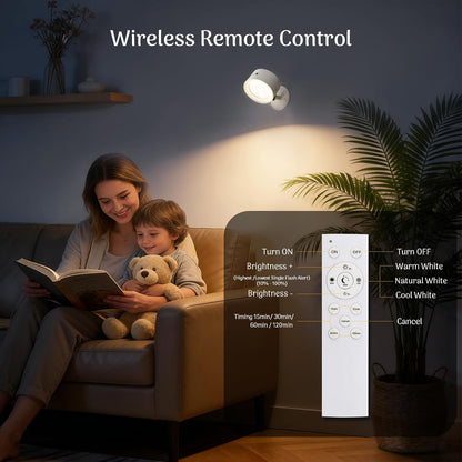 Rechargeable Wall Sconce 2 Pack, Remote & Touch Control, Dimmable | 3 Color Temps, Wireless LED Wall Lights, Magnetic Reading Light, 360° Rotating Wall Lamps for Bedroom Bedside, Living Room