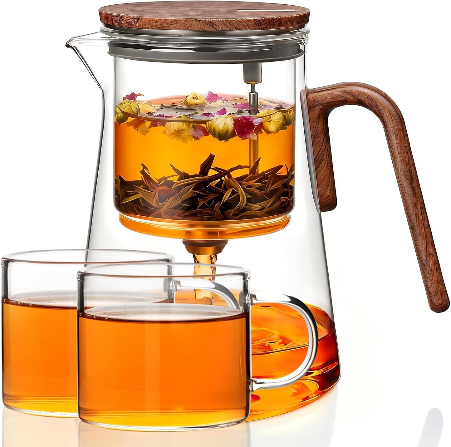 ZENS Magnetic Glass Infuser Teapot for Loose Tea, 27oz Walnut Wood Handle | Magic Teapot with Infuser, Echanted Tea Maker, Mess-Free Loose Leaf Tea Diffusers for Tea lover Gifts