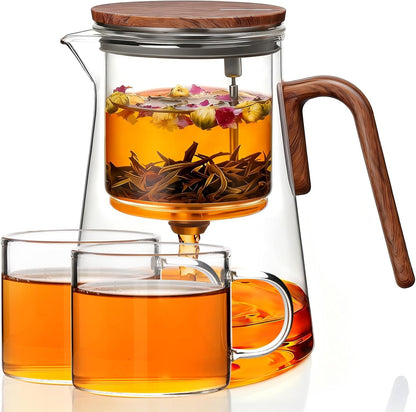 ZENS Magnetic Glass Infuser Teapot for Loose Tea, 27oz Walnut Wood Handle | Magic Teapot with Infuser, Echanted Tea Maker, Mess-Free Loose Leaf Tea Diffusers for Tea lover Gifts