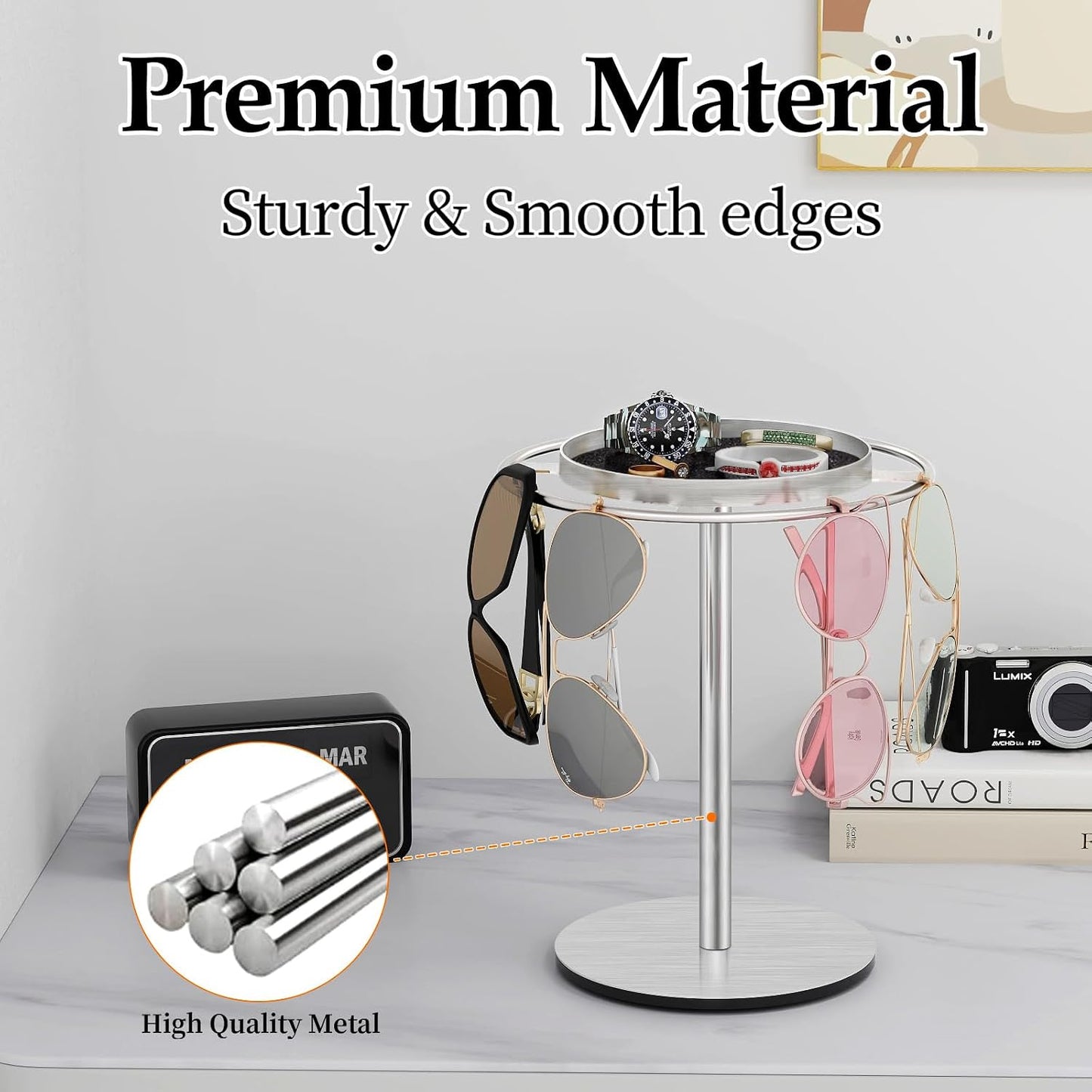 LSK Metal Sunglasses Organizer, Glasses Holder Stand with Storage Tray | Eyeglasses Holder with Anti-Slip Pads for Tabletop, Desk, Dresser, Matte Black