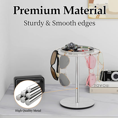 LSK Metal Sunglasses Organizer, Glasses Holder Stand with Storage Tray | Eyeglasses Holder with Anti-Slip Pads for Tabletop, Desk, Dresser, Matte Black