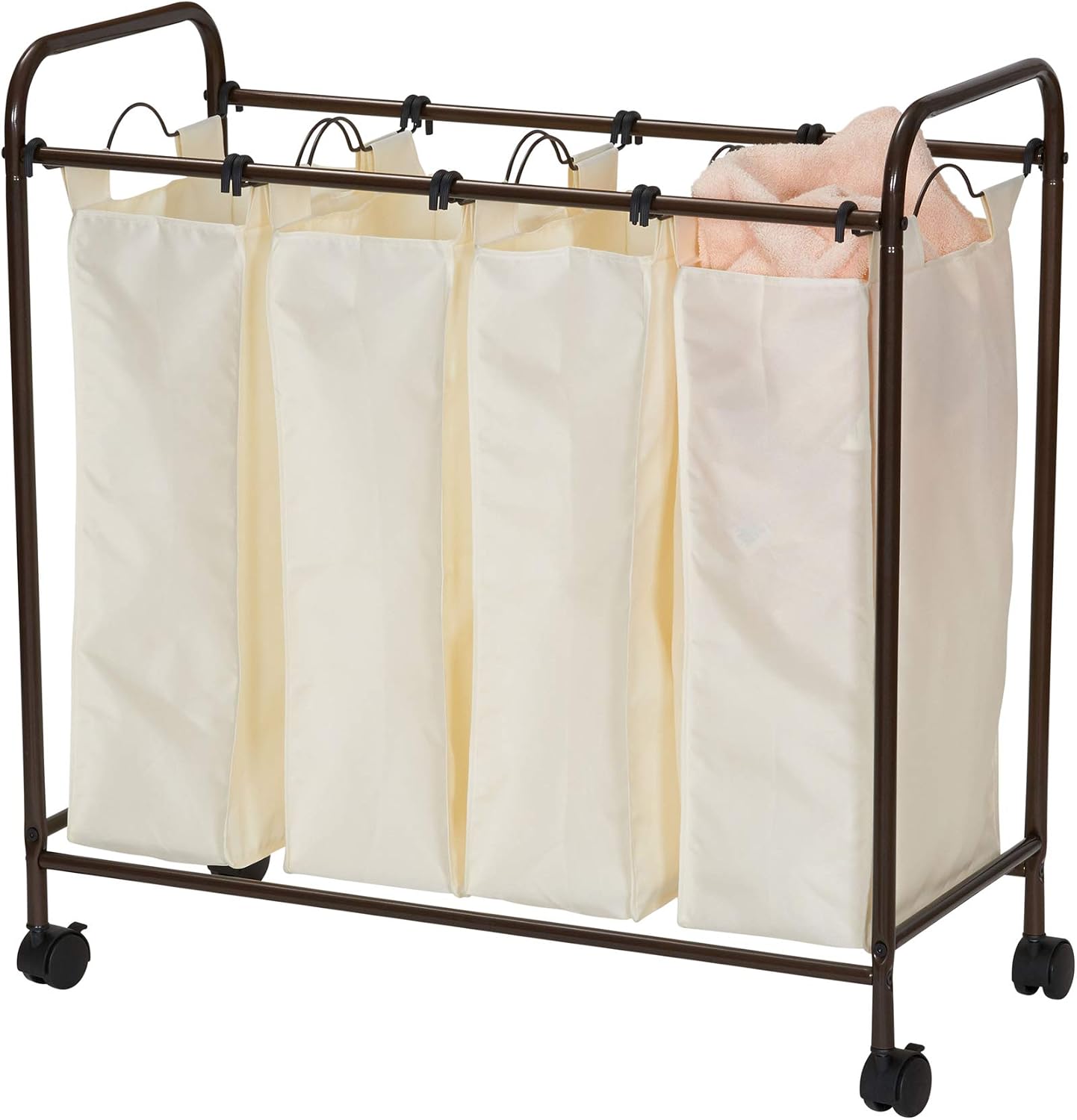 Household Essentials 7173 Rolling Quad Laundry Sorter with Removable Hamper Bags | Antique Bronze Frame
