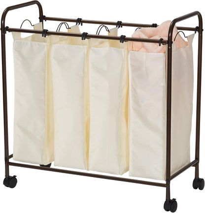 Household Essentials 7173 Rolling Quad Laundry Sorter with Removable Hamper Bags | Antique Bronze Frame
