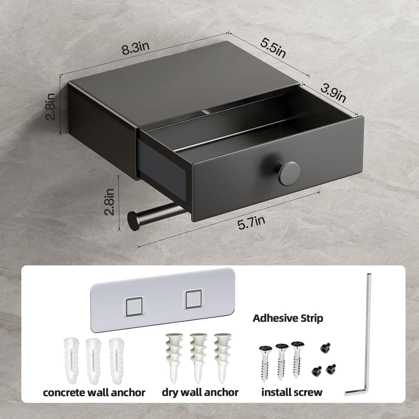 VOLDRA Toilet Paper Holder with Shelf Black Wipes Dispenser for Bathroom Toilet Paper Holder with Storage Upgrade Drawer Design Toilet Tissue Holder Adhesive Small Bathroom Shelf Wall Mount