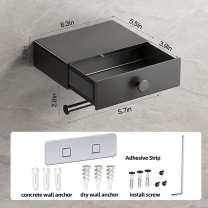 VOLDRA Toilet Paper Holder with Shelf Black Wipes Dispenser for Bathroom Toilet Paper Holder with Storage Upgrade Drawer Design Toilet Tissue Holder Adhesive Small Bathroom Shelf Wall Mount