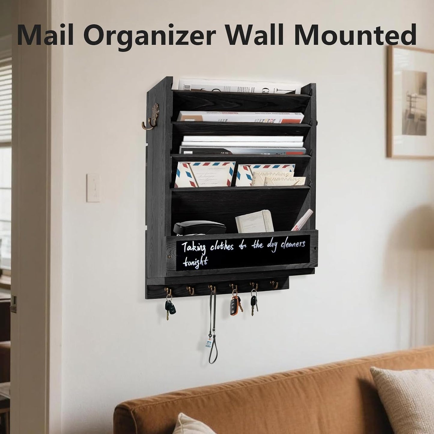 Rustic wall mail organizer,Key and Mail File Holder for Wall Mount | 6 Key Hooks 2 Double Key Hooks A blackboard,for Home,Office, Classroom,Entryway Decor (brown)