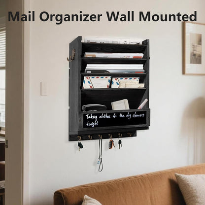 Rustic wall mail organizer,Key and Mail File Holder for Wall Mount | 6 Key Hooks 2 Double Key Hooks A blackboard,for Home,Office, Classroom,Entryway Decor (brown)